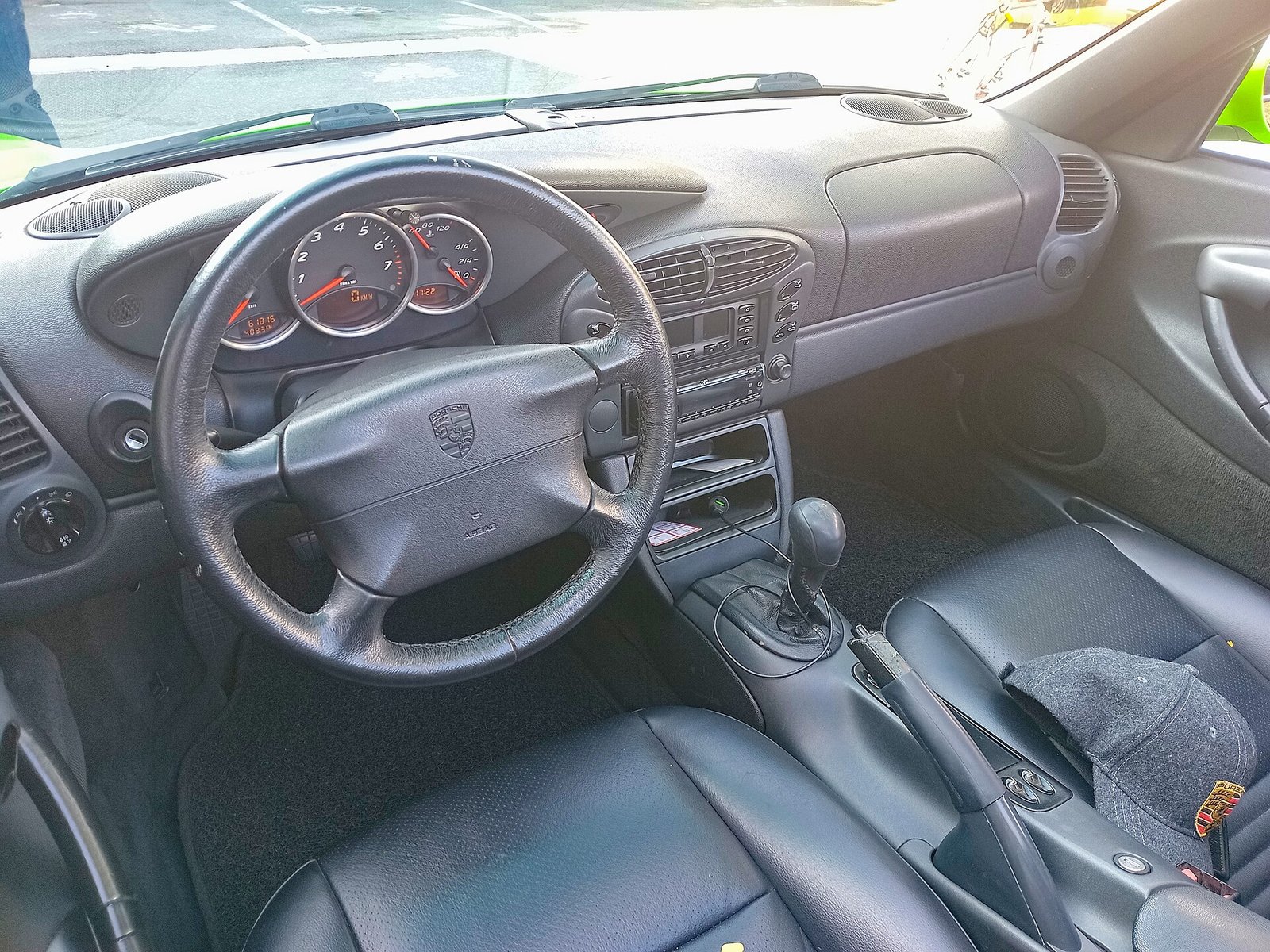 Porsche Boxster 986 interior with three-dial dash, gear lever and leather seats